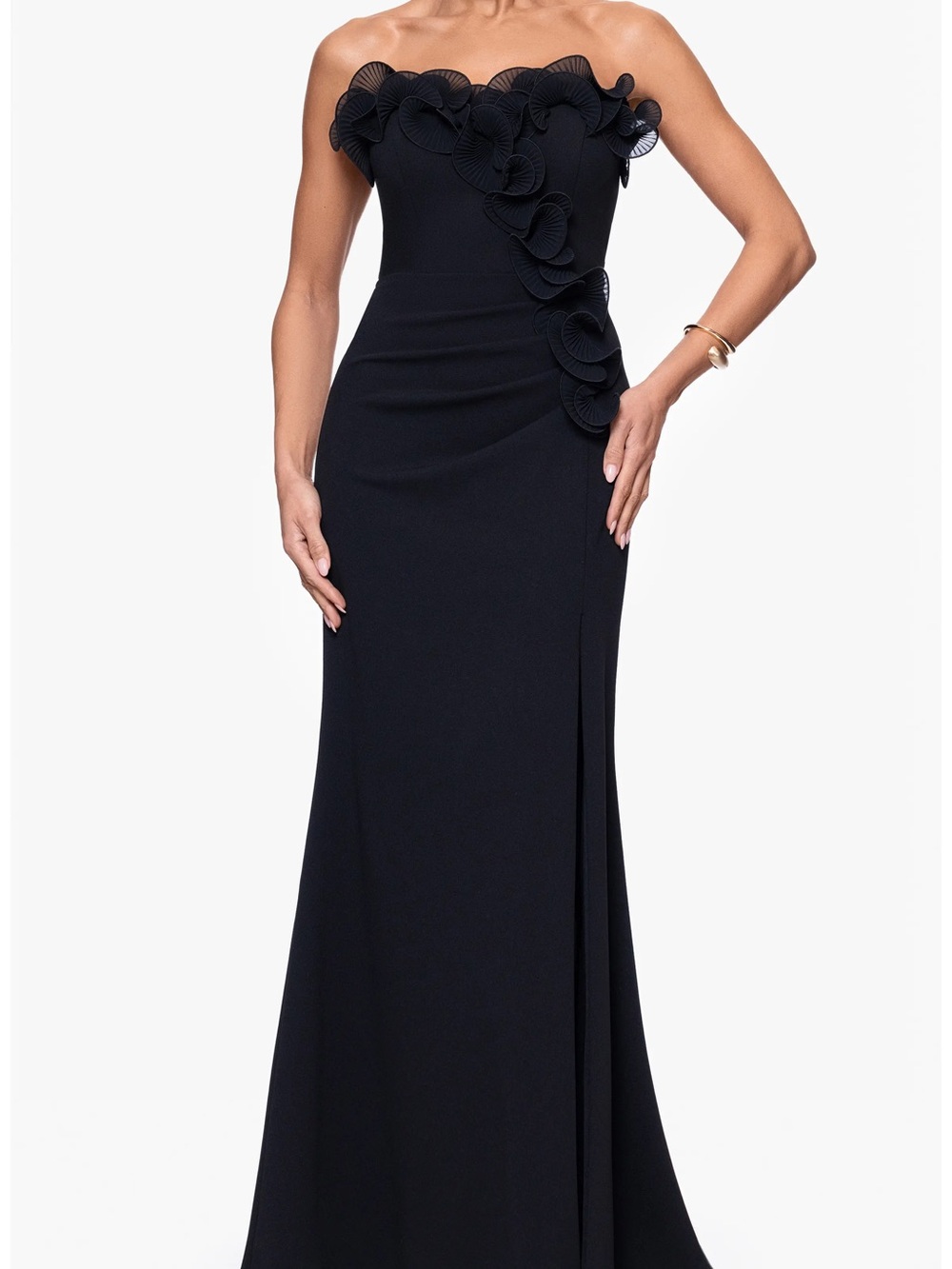 Xscape Strapless Black Evening Gown with Sculpted Floral Detail